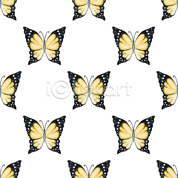 사람없음 JPG 포토 해외이미지 나비 노란색 손그림 수채화(물감) 패턴 해외202309