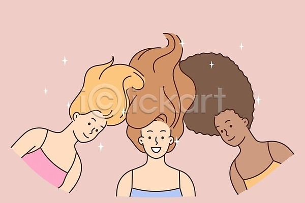 행복 성인 성인여자만 세명 여자 인종 EPS 일러스트 해외이미지 머리카락 반짝임 상반신 해외202309