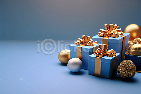 사람없음 3D JPG 포토 해외이미지 구슬 금색 리본 백그라운드 선물상자 원형 카피스페이스 크리스마스 파란색 해외202309