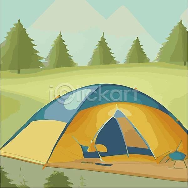 사람없음 EPS 일러스트 해외이미지 나무 모닥불 산 승진 여행 캠핑 캠핑장 텐트 풍경(경치) 해외202309