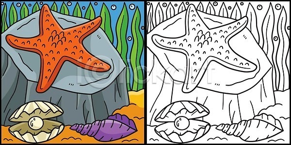 어린이 EPS 일러스트 해외이미지 걸음마 교육 그래픽 그림 낙서 동물 디자인 만화 물 미술 바다 백그라운드 벡터 별 불가사리 산호 색칠공부 선 손그림 수족관 수중 어류 윤곽 책 컬러 컬러풀 클립아트 페이지 해외202309 해외일러스트