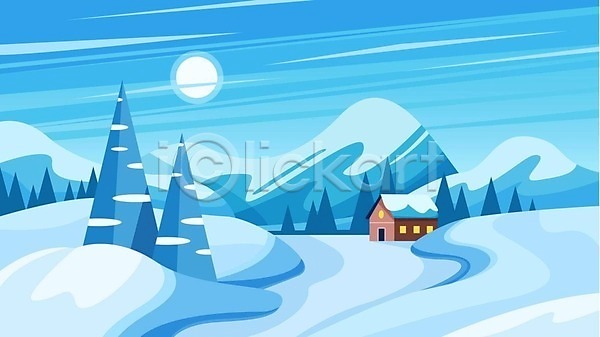 사람없음 EPS 일러스트 해외이미지 겨울 나무 눈덮임 라이프스타일 백그라운드 설산 설원 주택 태양 하늘색 해외202309