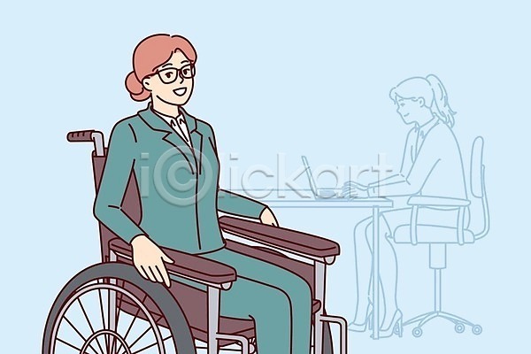 협력 두명 성인 성인여자만 여자 EPS 일러스트 해외이미지 노트북 비즈니스우먼 사무실 상반신 안경낌 앉기 의자 작업 장애인 전신 타이핑 해외202309 휠체어