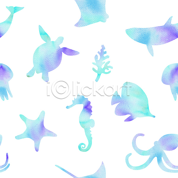 사람없음 JPG 포토 해외이미지 그라데이션 손그림 수중동물 수채화(물감) 패턴 하늘색 해외202309