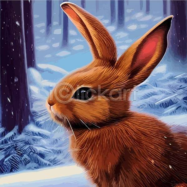 사람없음 EPS 일러스트 해외이미지 겨울 나무 눈덮임 숲 야생동물 토끼 해외202309