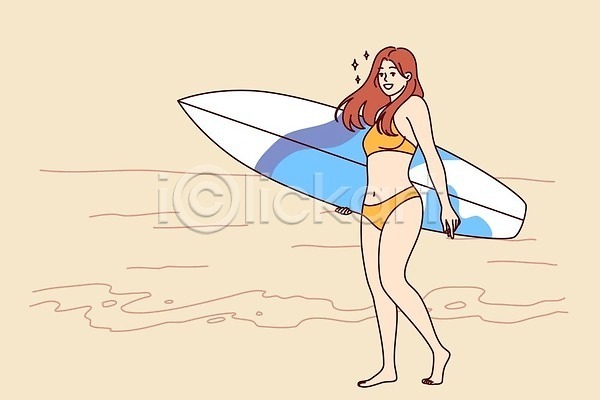 성인 성인여자한명만 여자 한명 EPS 일러스트 해외이미지 들기 바다 비키니 서퍼 서핑보드 전신 해외202309