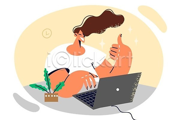 성인 성인여자한명만 여자 한명 EPS 일러스트 해외이미지 노트북 비즈니스우먼 앉기 웃음 최고 해외202309 화분