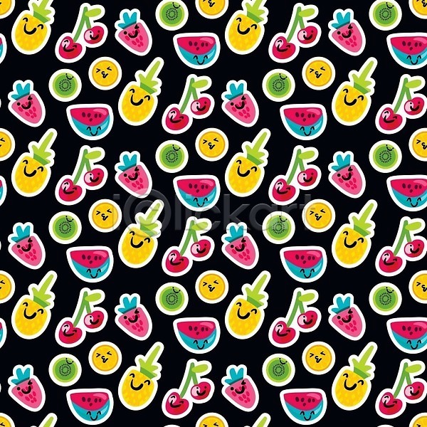 사람없음 EPS 일러스트 해외이미지 과일 과일캐릭터 딸기 레몬 미소(표정) 수박 윙크 체리 키위 파인애플 패턴 패턴백그라운드 표정 해외202309