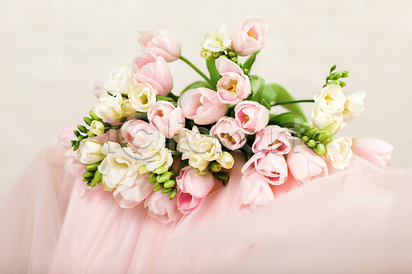 사람없음 JPG 포토 해외이미지 결혼 꽃다발 베일 부케 분홍색 잎 튤립 해외202309