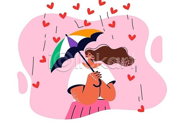 사랑 성인 성인여자한명만 여자 한명 EPS 일러스트 해외이미지 들기 라이프스타일 분홍색 비(날씨) 상반신 쏟아짐 올려보기 우산 하트 해외202309