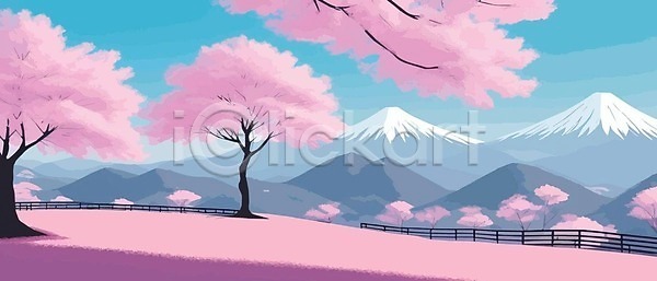 분위기 사람없음 EPS 일러스트 해외이미지 나무 벚꽃 분홍색 산 하늘