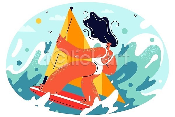 성인 성인여자한명만 여자 한명 EPS 일러스트 해외이미지 라이프스타일 서핑 서핑보드 수영복 여름(계절) 윈드서핑 잡기 전신 취미 파도 해외202309