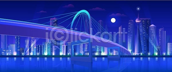 사람없음 EPS 일러스트 해외이미지 강 건물 네온 다리(건축물) 도시 밤하늘 백그라운드 빌딩 야간 파란색 해외202309