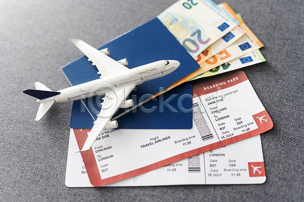 사람없음 JPG 포토 해외이미지 비행기 여권 여행 여행용품 오브젝트 유로 지폐 항공권 해외202309 휴가
