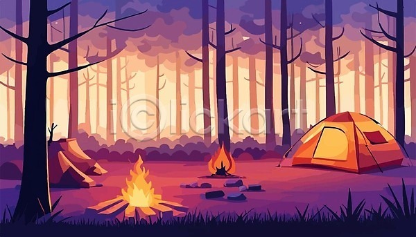 사람없음 EPS 일러스트 해외이미지 나무 모닥불 산 여행 캠핑 캠핑장 텐트 풍경(경치) 해외202309