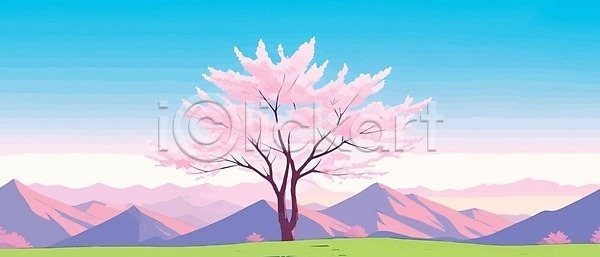 분위기 사람없음 EPS 일러스트 해외이미지 나무 벚꽃 분홍색 산 하늘