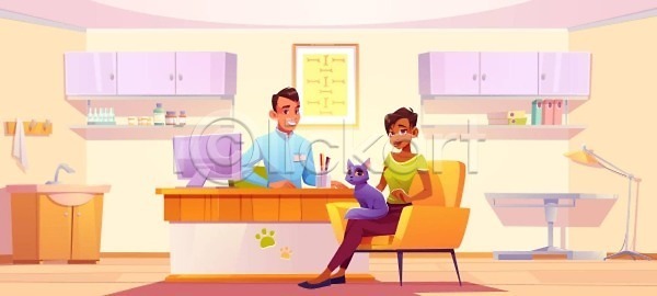 고통 도움 EPS 일러스트 해외이미지 간호사 건강 고객 고양이 내부 돌봄 동물 만화 반려동물 방 방문 백그라운드 벡터 병원 사무실 상담 센터 수의사 시험 싱크대 약 예방접종 의사 의자 일러캐릭터 장비 접수 주인 치료 캐릭터 컴퓨터 탁자 해외202309 해외일러스트 헬프 환자