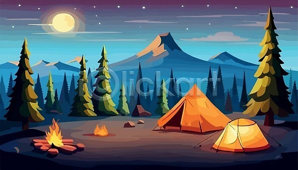 사람없음 EPS 일러스트 해외이미지 나무 모닥불 산 여행 캠핑 캠핑장 텐트 풍경(경치) 해외202309