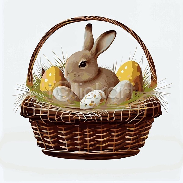 사람없음 EPS 일러스트 해외이미지 계란 바구니 부활절계란 토끼 풀(식물) 한마리 해외202309