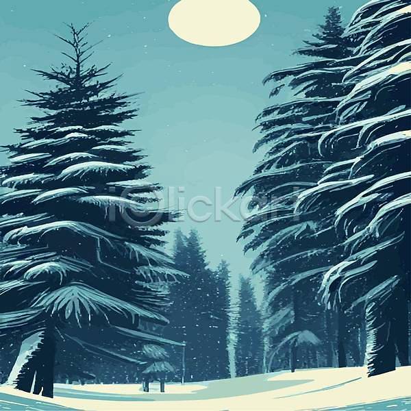 사람없음 EPS 일러스트 해외이미지 겨울풍경 나무 눈(날씨) 눈덮임 달 숲속 해외202309