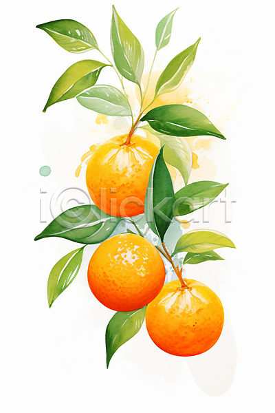 사람없음 JPG 일러스트 수채화(물감) 열매 오렌지 잎