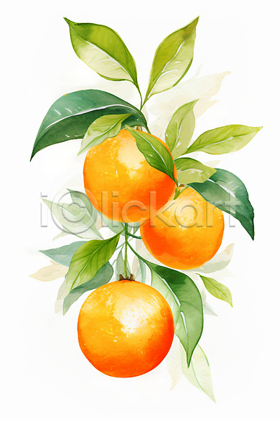 사람없음 JPG 일러스트 수채화(물감) 열매 오렌지 잎