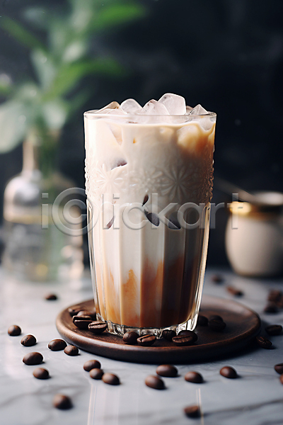사람없음 JPG 편집이미지 갈색 아이스커피 얼음 우유 원두 카페 커피잔 컵 컵받침