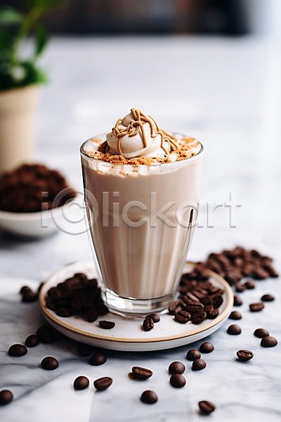 사람없음 JPG 편집이미지 갈색 아이스커피 아이스크림 얼음 원두 카페 커피잔 컵 컵받침