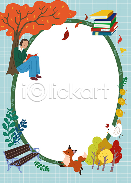 여유 성인 성인여자한명만 여자 한명 PSD 일러스트 가을(계절) 낙엽 단풍 단풍나무 닭 독서 들기 벤치 병아리 앉기 여러마리 여우 원형 은행잎 책 책더미 카피스페이스 패턴 풀(식물) 프레임 하늘색