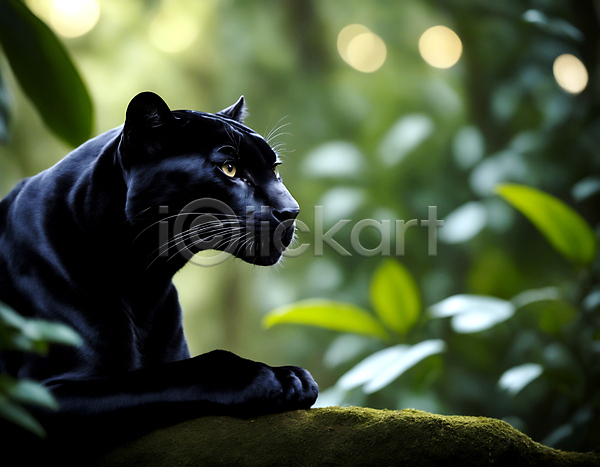 사람없음 JPG 디지털합성 편집이미지 검은색 동물 맹수 숲속 엎드리기 열대우림 잎 자연 포유류 한마리 흑표범