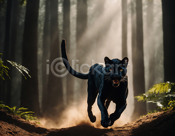 사람없음 JPG 디지털합성 편집이미지 검은색 달리기 동물 맹수 숲길 숲속 열대우림 자연 포유류 한마리 햇빛 흑표범 흙먼지