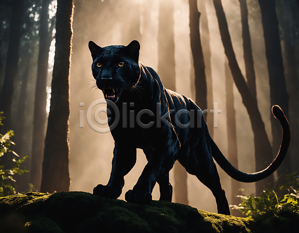 사람없음 JPG 디지털합성 편집이미지 검은색 동물 맹수 숲속 열대우림 외침 자연 포유류 한마리 햇빛 흑표범