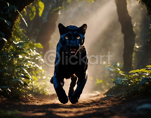 사람없음 JPG 디지털합성 편집이미지 검은색 달리기 동물 맹수 숲길 숲속 열대우림 자연 포유류 풀(식물) 한마리 햇빛 흑표범