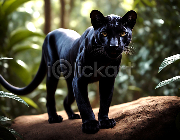 사람없음 JPG 디지털합성 편집이미지 검은색 동물 맹수 서기 숲속 열대우림 잎 자연 포유류 한마리 흑표범