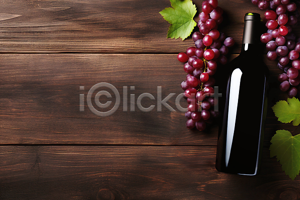 사람없음 JPG 디지털합성 편집이미지 하이앵글 나무배경 목업 와인 와인병 카피스페이스 편집소스 포도 포도잎