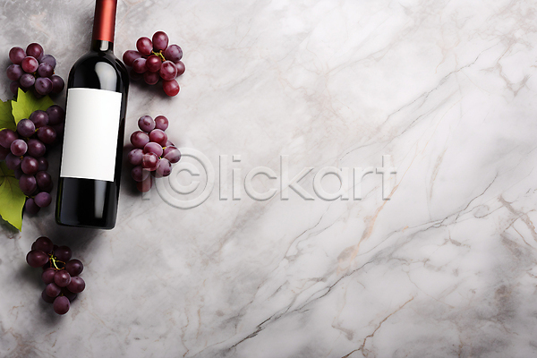 사람없음 JPG 디지털합성 편집이미지 하이앵글 대리석 목업 와인 와인병 카피스페이스 편집소스 포도 포도잎