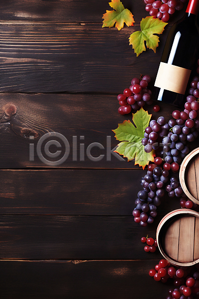 사람없음 JPG 디지털합성 편집이미지 하이앵글 나무배경 목업 오크통 와인 와인병 와인통 카피스페이스 편집소스 포도 포도잎
