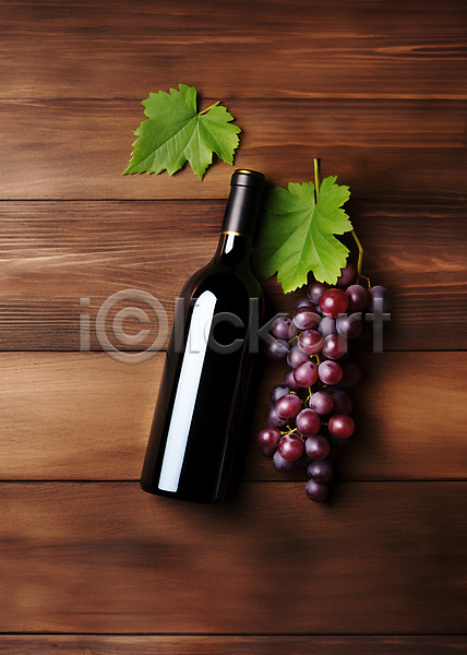 사람없음 JPG 디지털합성 편집이미지 하이앵글 나무배경 목업 와인 와인병 편집소스 포도 포도잎