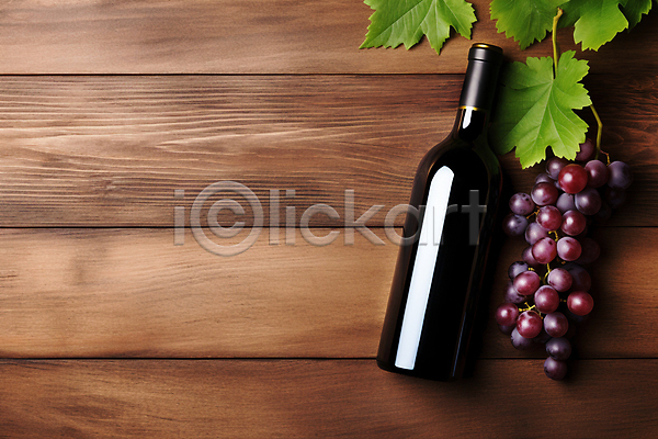 사람없음 JPG 디지털합성 편집이미지 하이앵글 나무배경 목업 와인 와인병 카피스페이스 편집소스 포도 포도잎