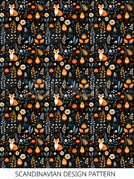 화려 사람없음 PSD 디지털합성 일러스트 디자인 북유럽스타일 스칸디나비아 여우 잎 패턴 패턴백그라운드 풀(식물)