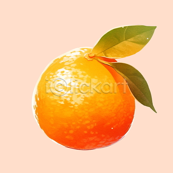 사람없음 PSD 일러스트 귤 붓터치 수채화(물감) 오렌지 잎 주황색
