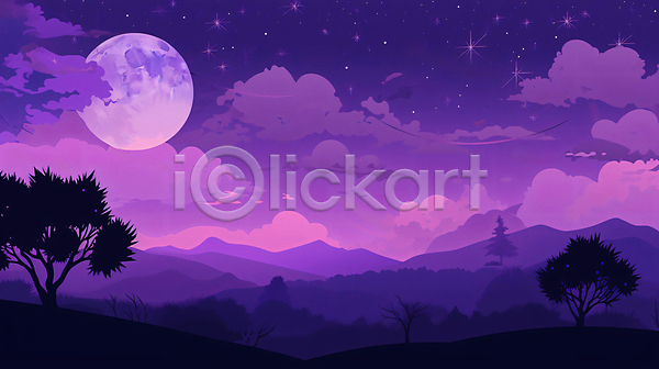 사람없음 JPG 실루엣 일러스트 구름(자연) 그림 나무 달 밤하늘 백그라운드 별 보라색 산 자연 풍경(경치) 하늘