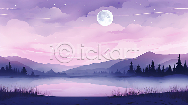 사람없음 JPG 일러스트 구름(자연) 그림 나무 달 백그라운드 별 보라색 산 안개 자연 풀(식물) 풍경(경치) 하늘 호수