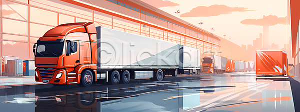 사람없음 JPG 일러스트 구름(자연) 물류 물류센터 물류창고 배송 운송업 주황색 컨테이너 택배 트럭 화물트럭