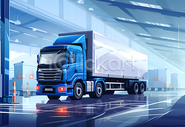사람없음 JPG 일러스트 물류 물류센터 물류창고 배송 운송업 컨테이너 택배 트럭 파란색 하차 화물트럭
