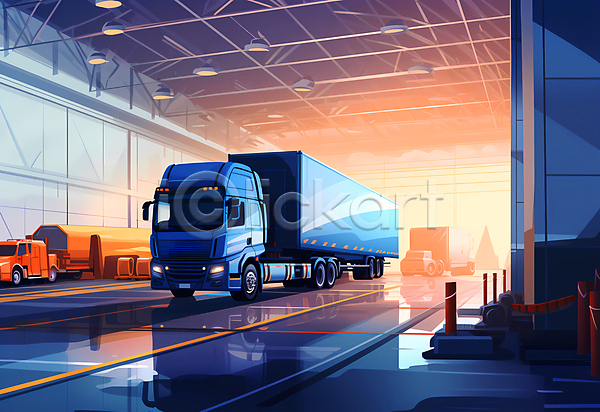 사람없음 JPG 일러스트 물류 물류센터 물류창고 배송 운송업 조명 컨테이너 택배 트럭 파란색 화물트럭