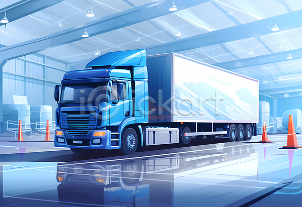 사람없음 JPG 일러스트 물류 물류센터 물류창고 배송 운송업 칼라콘 컨테이너 택배 트럭 파란색 화물트럭