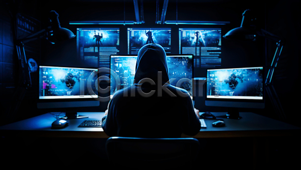 남자 성인 성인남자한명만 한명 JPG 뒷모습 편집이미지 모니터 보안 사이버 상반신 어둠 컴퓨터 타이핑 파란색 해커 해킹 후드티셔츠