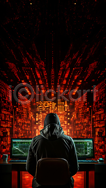 남자 성인 성인남자한명만 한명 JPG 뒷모습 편집이미지 모니터 보안 빨간색 사이버 상반신 어둠 컴퓨터 해커 해킹 후드티셔츠