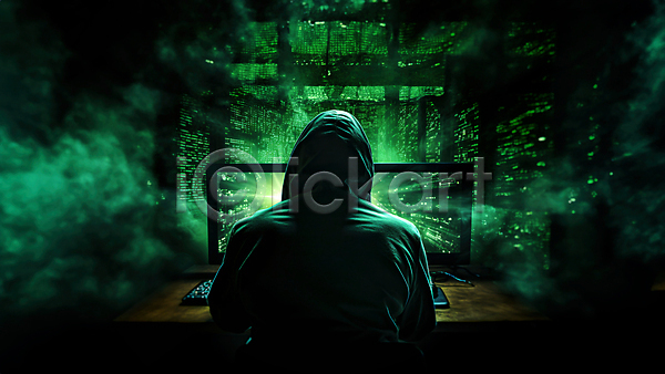 남자 성인 성인남자한명만 한명 JPG 뒷모습 편집이미지 모니터 보안 사이버 상반신 어둠 연기 초록색 컴퓨터 해커 해킹 후드티셔츠